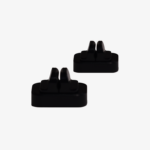 Two black LEGO bricks with curved studs, spaced apart on a white background (top-down view).