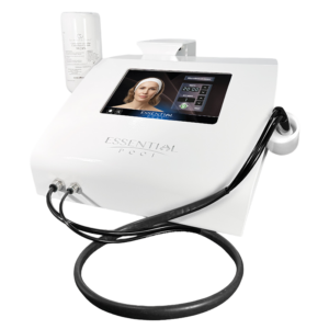 HP P 2 White skincare device with touchscreen and handheld applicator for facial treatments; connected hoses and a product bottle nearby
